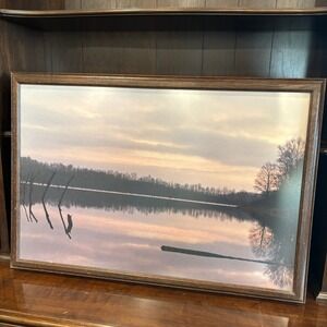 Large Framed Lake Sunset Landscape Photo Reflection Nature Wall Art Decor 32x22